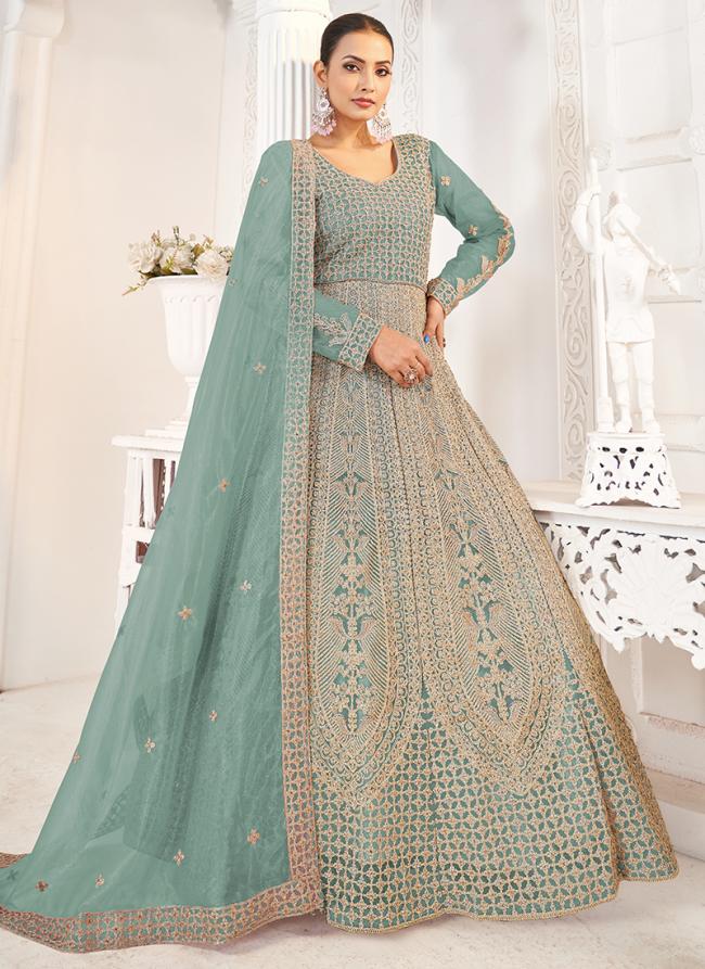 Pure Butterfly Net Teal Bridal Wear Zari Work Anarkali Suit